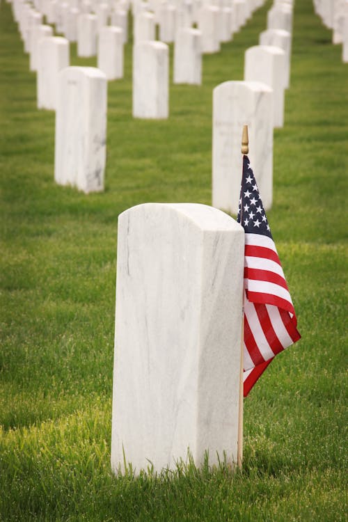 Flag Of U.S.A. Standing Near A Tombstone // Healthier Veterans Today