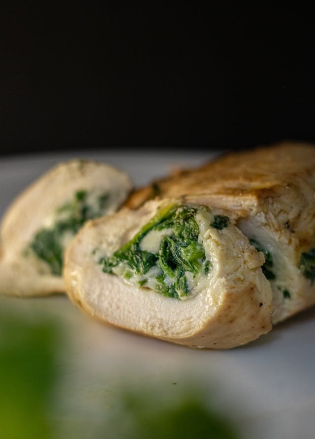 Close-up of a Chicken Breast Roulade with Spinach Filling // Healthier Veterans Today