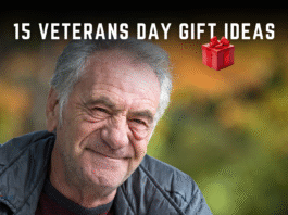 Elderly veteran smiling outdoors with a soft autumn background, featuring the title “15 Veterans Day Gift Ideas” and a small red gift box icon. This image represents thoughtful Veterans Day gifts to honor and celebrate those who served. Healthier Veterans Today logo is visible in the corner. // Healthier Veterans Today