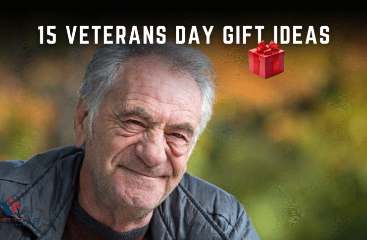 Elderly veteran smiling outdoors with a soft autumn background, featuring the title “15 Veterans Day Gift Ideas” and a small red gift box icon. This image represents thoughtful Veterans Day gifts to honor and celebrate those who served. Healthier Veterans Today logo is visible in the corner. // Healthier Veterans Today