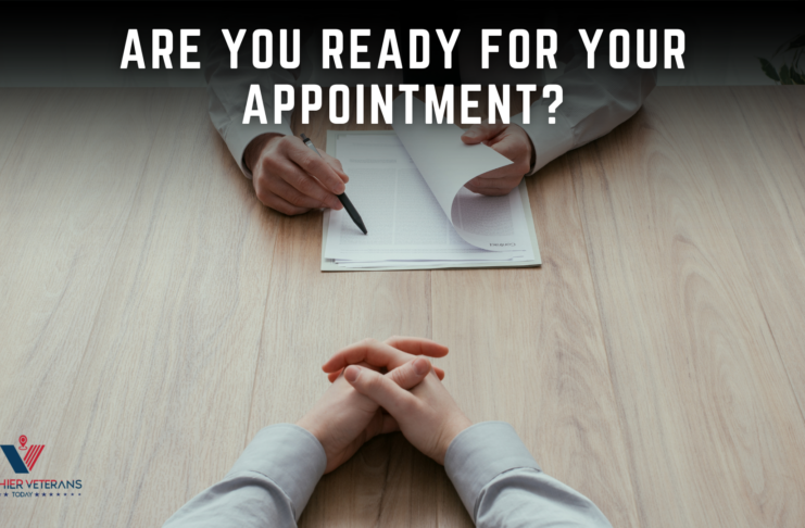 Veterans Recruitment Appointment preparation image showing an applicant seated across a desk from a recruiter who is reviewing paperwork, with the question “Are You Ready for Your Appointment?” displayed above // Healthier Veterans Today