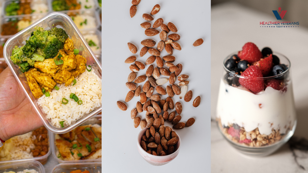 Chicken, rice, and broccoli meal prep alongside almonds and yogurt with berries, representing balanced nutrition and snacks for recruits preparing for Marine boot camp // Healthier Veterans Today